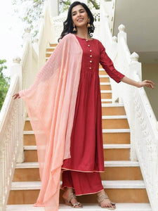Lemon Tart Women's LTS527 Peplum Detail Stitched Kurti and Pants Set - Maroon