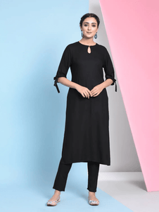 Lemon Tart Women's LTS54 Knot Sleeve Kurta and Pants Set - Black