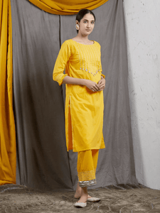 Lemon Tart Women's LTS59 Stitch Detail Kurta and Pants Set - Yellow