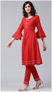 Lemon Tart Women's LTS69 Lace Detail Kurta and Pants Set - Red