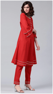 Lemon Tart Women's LTS69 Lace Detail Kurta and Pants Set - Red