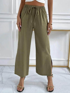 Lemon Tart Womens Side Slit Tie Waist Detail Wide Leg Malai Linen Pants LTWP26