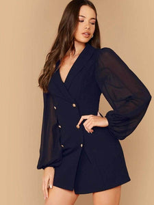LT Fuse Blazer Style Chiffon Sleeve LTFUDR37 Stitched Dress - Blue