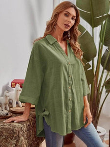 LT Fuse Button Detail Side Knot Shirt LTFUB106 Stitched Top - Green