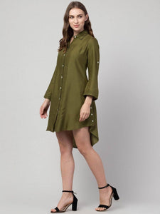 LT Fuse Dip Hem Button Shirt Detail LTFUDR293 Stitched Dress - Green