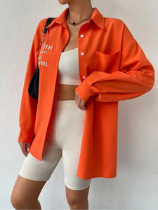 LT Fuse Oversized Printed Button Shirt Detail LTFUB256 Stitched Top - Orange