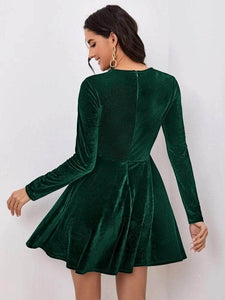 LT Fuse Zip Peplum Detail Velvet LTFUDR245 Stitched Dress - Green