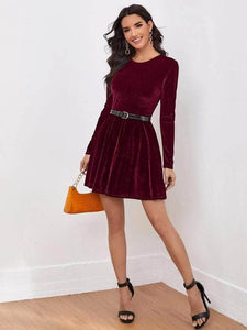 LT Fuse Zip Peplum Detail Velvet LTFUDR245 Stitched Dress - Maroon