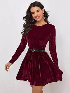 LT Fuse Zip Peplum Detail Velvet LTFUDR245 Stitched Dress - Maroon