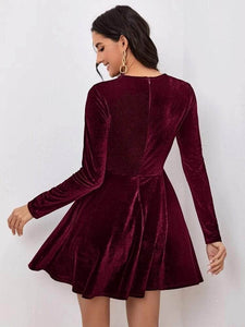 LT Fuse Zip Peplum Detail Velvet LTFUDR245 Stitched Dress - Maroon