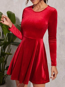 LT Fuse Zip Peplum Detail Velvet LTFUDR245 Stitched Dress - Red