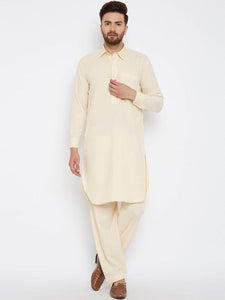 Men's Stitched 2 Piece Embroidered Kameez and Shalwar Set MSKS18 - Cream