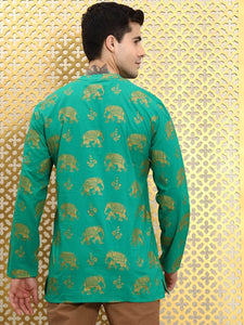 Mens Gold Print Detail Kurta MSKO98 - Green