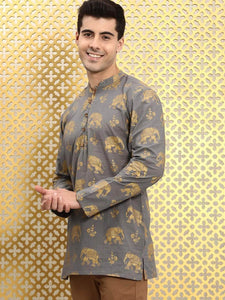 Mens Gold Print Detail Kurta MSKO98 - Grey