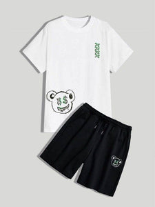 Mens Printed T-Shirt and Shorts Co Ord - LTMWCO6 - White Black