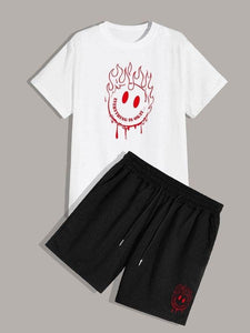 Mens Printed T-Shirt and Shorts Co Ord - LTMWCO8 - White Black