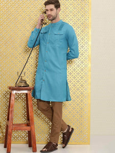 Mens Stitched Button Pocket Detail Kurta MSKO81 - Blue