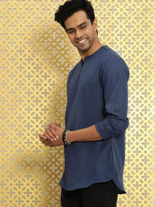 Mens V Neck Detail Kurta MSKO67 - Navy Blue