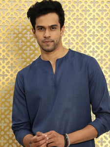 Mens V Neck Detail Kurta MSKO67 - Navy Blue